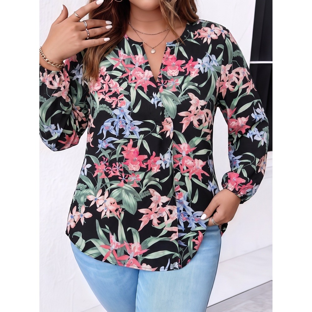 Tommy Bahama Silk Floral Orchid Print Blouse Medium Black Long Sleeve V-Neck Top